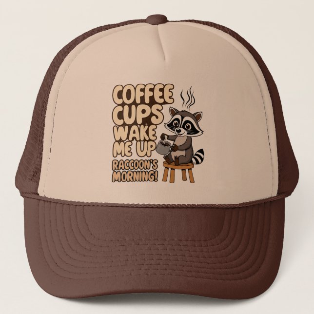 Gorra De Camionero Raccoon divertida mañana con taza de café (Anverso)