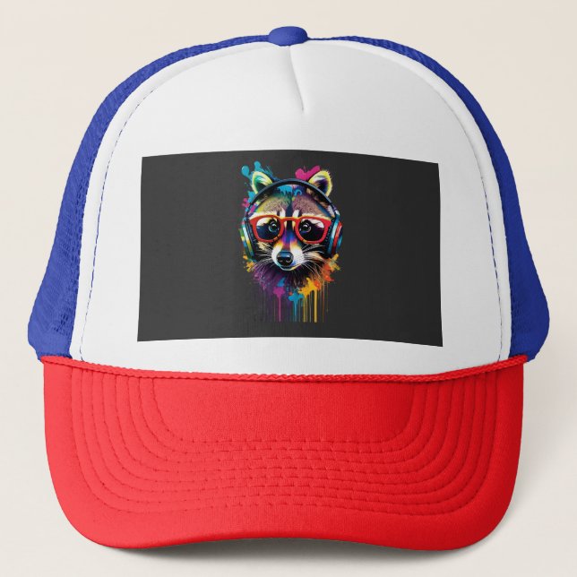 Gorra De Camionero Raccoon en audífonos y gafas (Anverso)