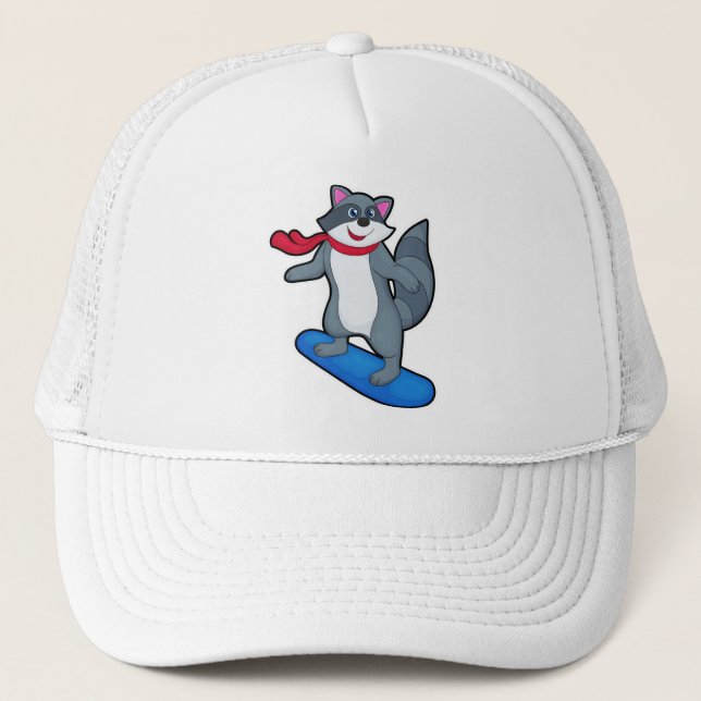 Gorra De Camionero Racoon como Snowboard con Snowboard y Scarf (Anverso)
