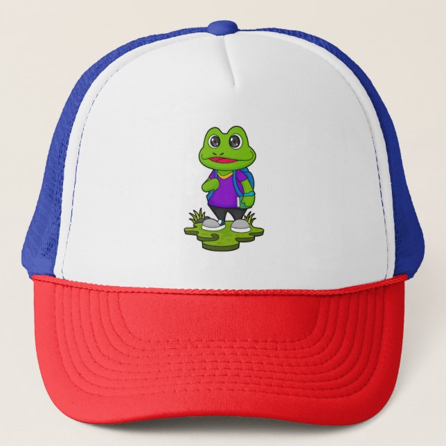 Gorra De Camionero Rana como excursionista con mochila (Anverso)