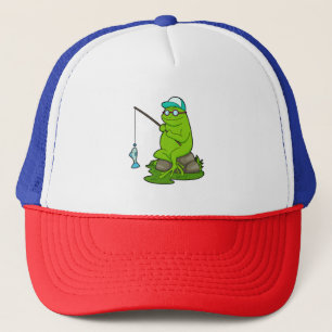 Gorra De Camionero Rana como pescador con barra de pesca y pescado