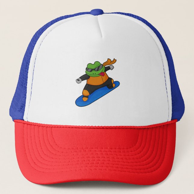 Gorra De Camionero Rana como snowobarder con Snowboard (Anverso)