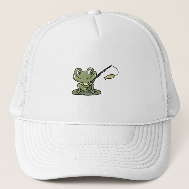 Gorra De Camionero Rana en la pesca con barra de pesca (Anverso)