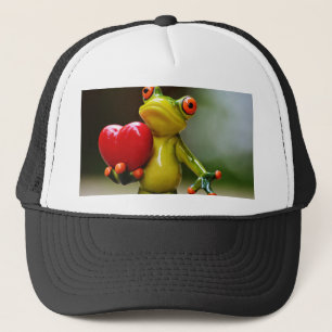 Gorra De Camionero Rana verde de San Valentín del corazón rojo