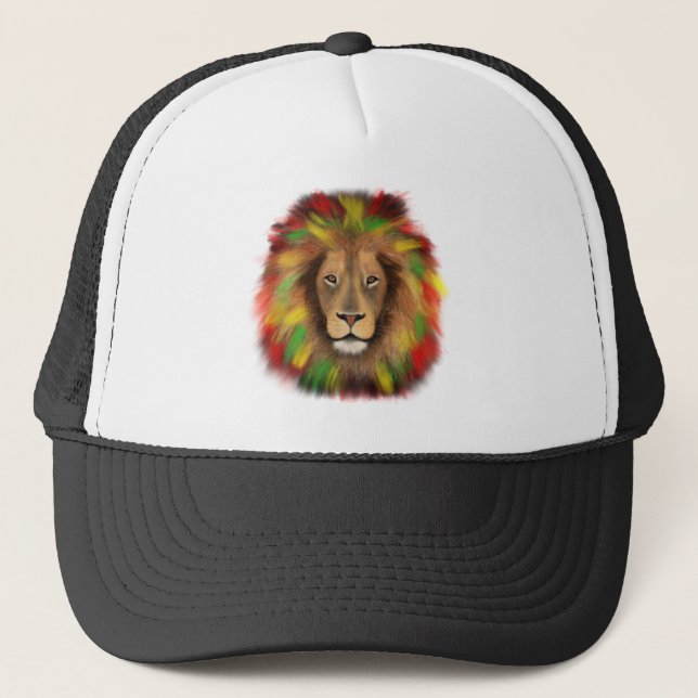 Gorra De Camionero Rasta cabeza de león rojo dibujo verde amarillo Ja (Anverso)