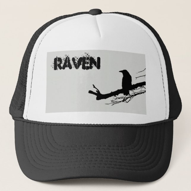 Gorra De Camionero Raven en el árbol blanco y negro (Anverso)