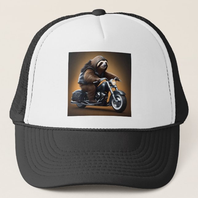 Gorra De Camionero Rebel Sloth: Motocicleta con cuero (Anverso)
