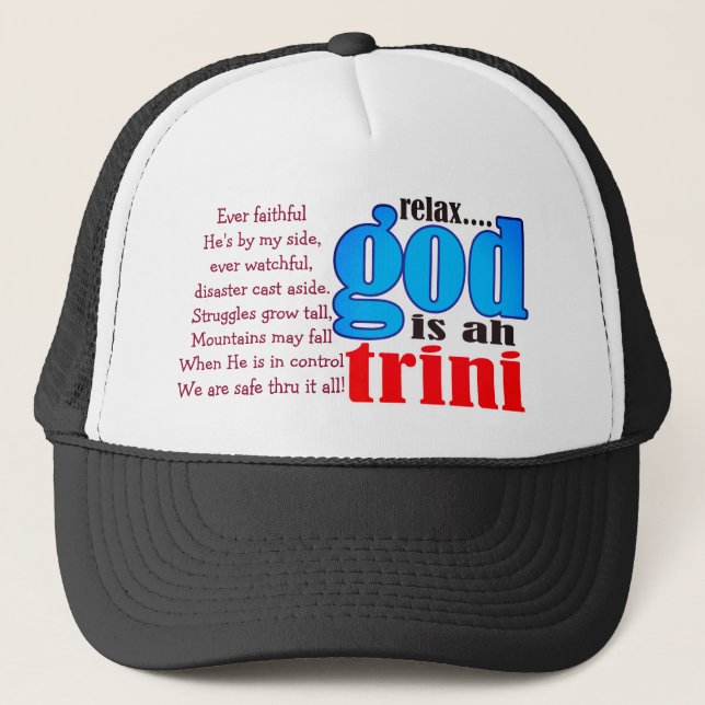 Gorra De Camionero Relájate, Dios es Trini (Anverso)
