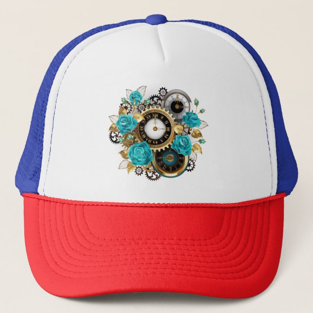 Gorra De Camionero Reloj de vapor y Rosas turquesa a rayas (Anverso)