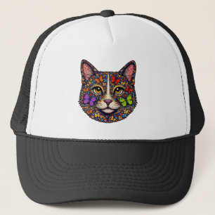 Gorra De Camionero Retrato de gato colorido florece mariposa Gatos