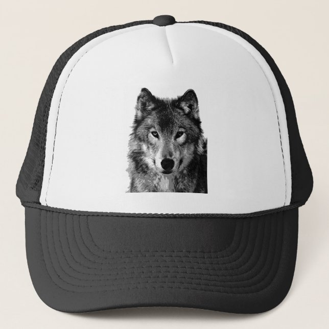 Gorra De Camionero Retrato de lobo blanco y negro (Anverso)