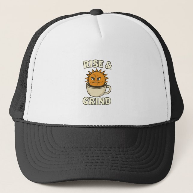 Gorra De Camionero Rise & Grind - Motivational Coffee Mug & Sun Graph (Anverso)
