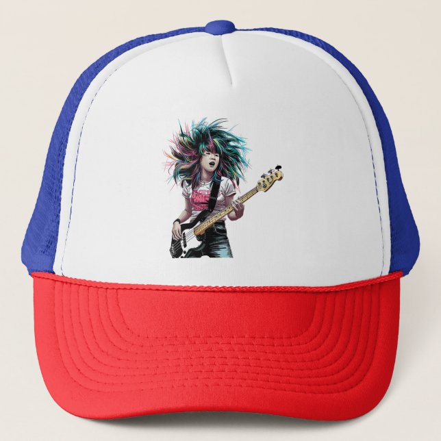 Gorra De Camionero Ritmo de Rockstar: Chica asiático que juega al baj (Anverso)