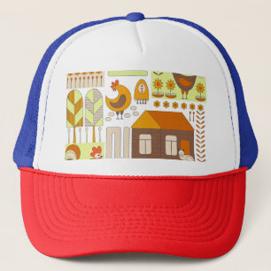 Gorra De Camionero Rooster, gallinas, dibujo floral geométrico.