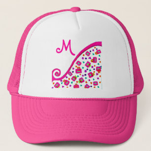 GORRA DE CAMIONERO ROSA FUCHSIA BLANCA ABSTRACTA DECO MONOGRAM