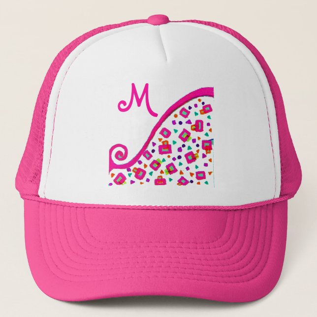 GORRA DE CAMIONERO ROSA FUCHSIA BLANCA ABSTRACTA DECO MONOGRAM (Anverso)