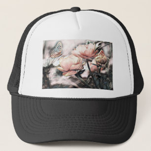 Gorra De Camionero Rosas rosados y grises de dibujo vintage mariposa