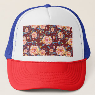Gorra De Camionero Rosas, sin soldadura, patrón de fondo rojo