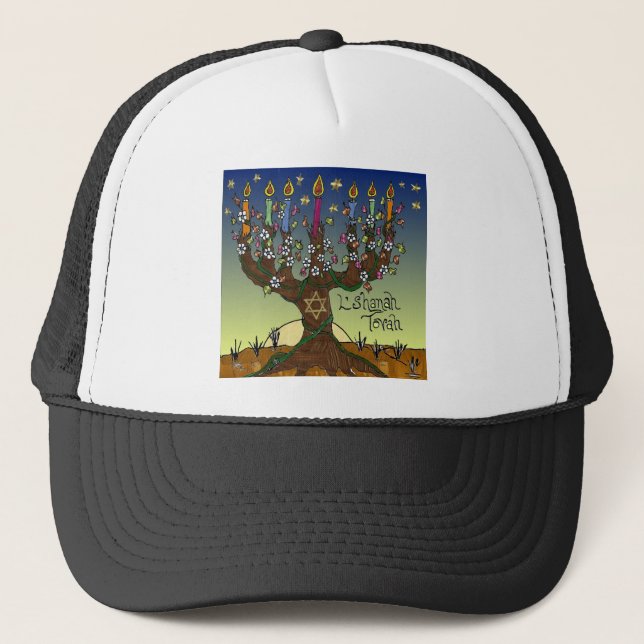 Gorra De Camionero Rosh Hashanah L'Shanah Tovah Árbol De La Vida Meno (Anverso)