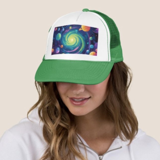 Gorra De Camionero Rotación Planetaria  (Galaxy Space Trucker Hat   Adjust from 17" to 24" 100% polyester foam front 100% nylon mesh back. )
