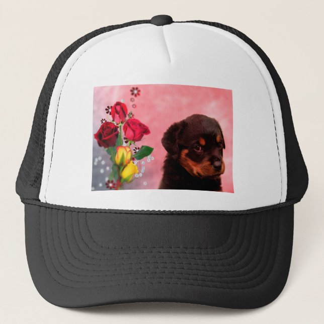 Gorra De Camionero Rottweiler Puppy con Flores Rojas y Amarillas (Anverso)