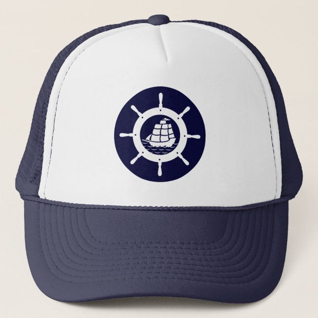 Gorra De Camionero Rueda Náutica Azul de Marina y Blanco (Anverso)