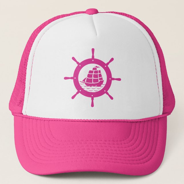 Gorra De Camionero Rueda Náutica Blanca y Rosa (Anverso)
