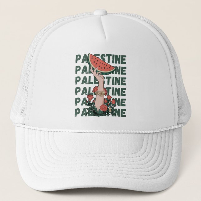 Gorra De Camionero sandía, flores y texto palestino Repetir (Anverso)