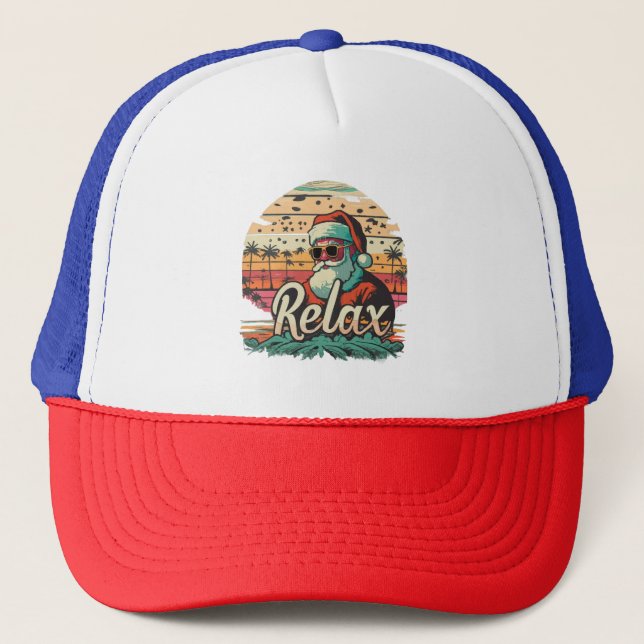 Gorra De Camionero Santa Retro con un título Relájate (Anverso)