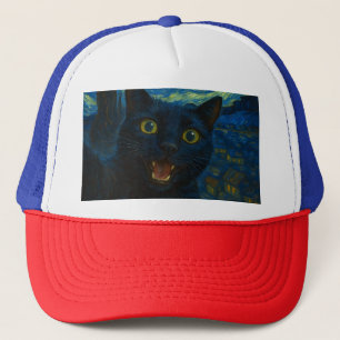 Gorra De Camionero Selfie del gato negro estrellado de la noche Van G