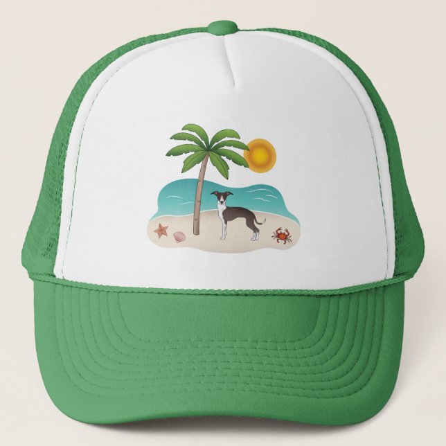 Gorra De Camionero Sello Y Perro De Higgy Blanco En La Playa Tropical (Anverso)