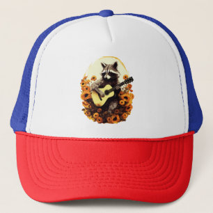 Gorra De Camionero Serenata de Guitarra de Mapache en Girasoles