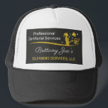 Gorra De Camionero Servicio Profesional de Limpieza/Manejo<br><div class="desc">Impulsar la publicidad con estos sombreros profesionales de doble cara (plantilla) para limpieza de casas, limpieza de casas o conserje (conserjería) para pequeñas empresas. Estos gorras están diseñados con texto blanco y dorado y un color purpurina dorado (falso). Personalizar a los gorras añadiendo o eliminando elementos que se ajusten a...</div>