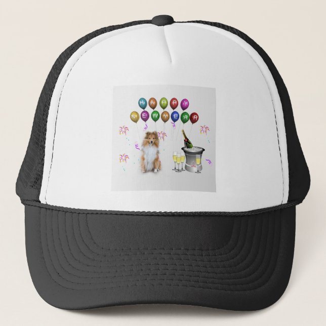 Gorra De Camionero Sheltie Dog Feliz Año Nuevo (Anverso)