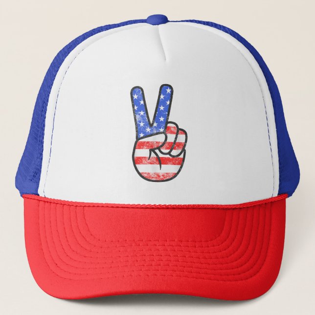 Gorra De Camionero Signo de paz de bandera estadounidense da la mano  (Anverso)