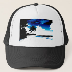 Gorra De Camionero Silueta de árbol de palmera blanco azul