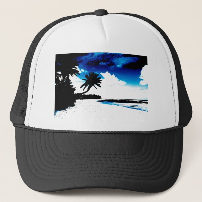 Gorra De Camionero Silueta de árbol de palmera blanco azul (Anverso)