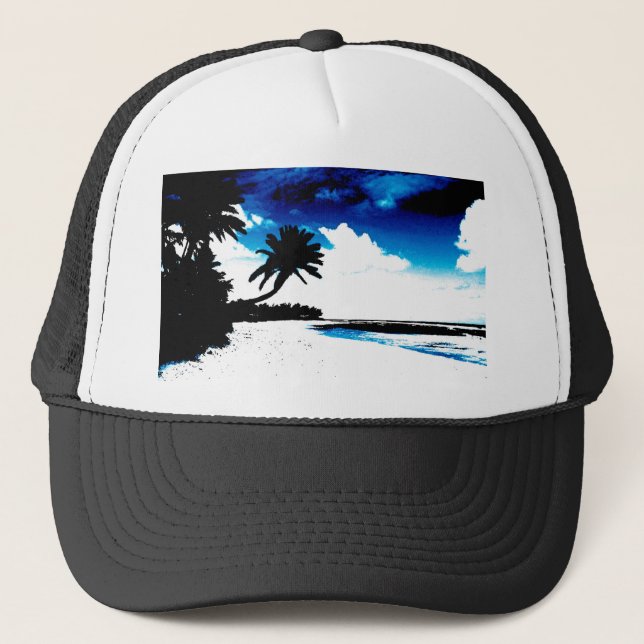 Gorra De Camionero Silueta de árbol de palmera blanco azul (Anverso)