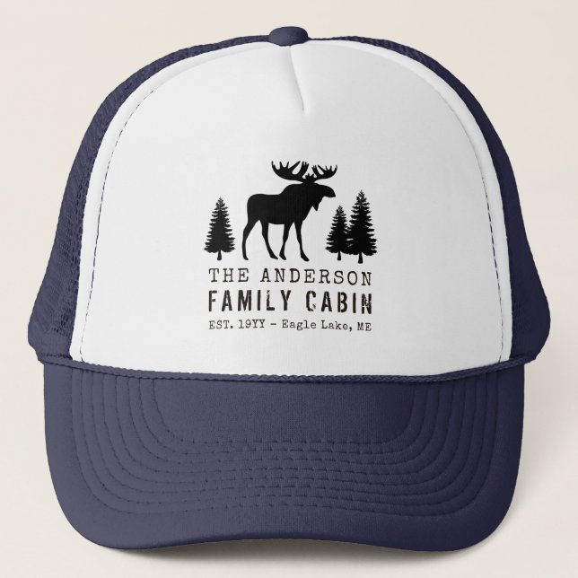 Gorra De Camionero Silueta de árbol de pino rústico de alce de famili (Anverso)