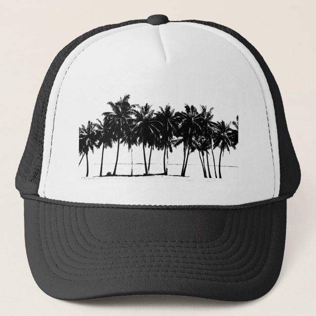 Gorra De Camionero Silueta de árboles de palmeras blancas negras (Anverso)