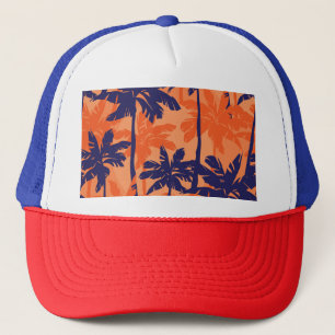 Gorra De Camionero Silueta de palmera azul, fondo naranja