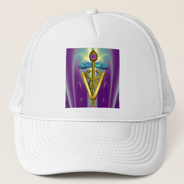 Gorra De Camionero SÍMBOLO VETERINARIO CADUCEO DE ORO / Púrpura azul (Anverso)