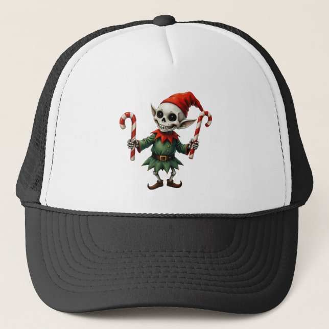 Gorra De Camionero Skeleton Christmas Elf – Creepy Cute Dark Holiday  (Anverso)