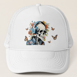 Gorra De Camionero Skeleton Escuchando auriculares Floral de mariposa