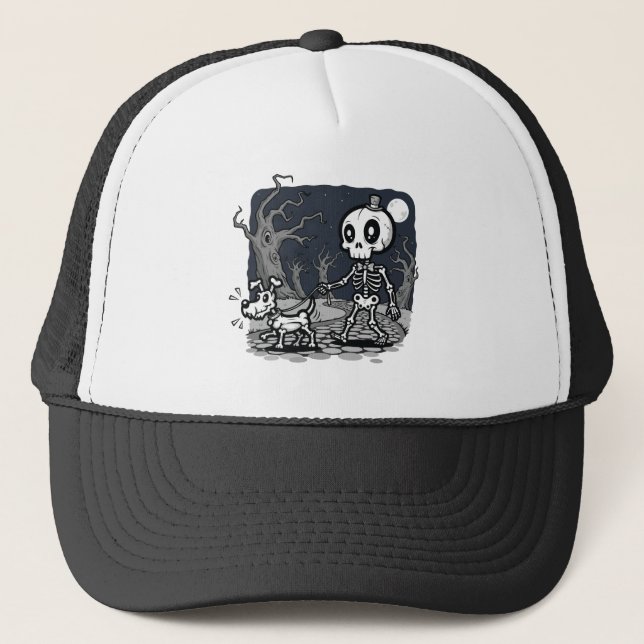 Gorra De Camionero Skeleton Walking Dog Halloween Art (Anverso)
