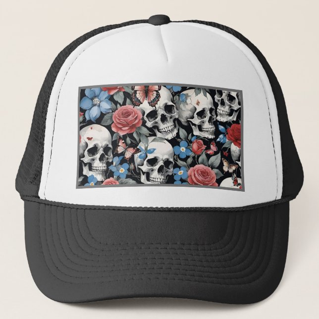 Gorra De Camionero Skulls Rosas y negras-me-nots (Anverso)