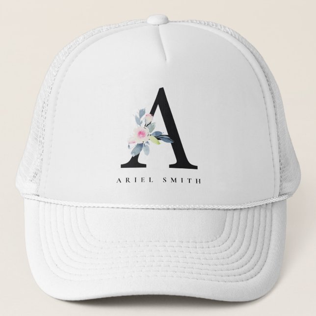 GORRA DE CAMIONERO SOFT BLUSH BLUE FLORAL ALPHABETS NAME LETTER A (Anverso)