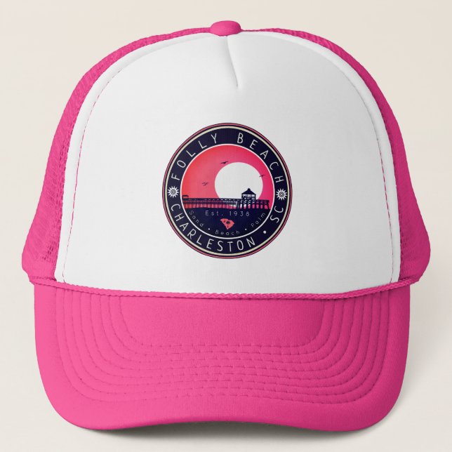 Gorra De Camionero Souvenirs Folly Beach SC Retro Sunset Pier 60 (Anverso)