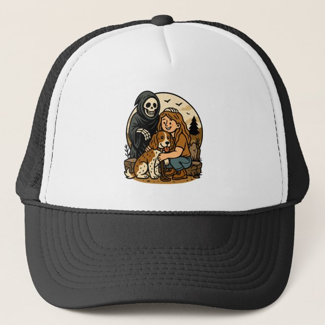 Gorra De Camionero Spooky Grim Reaper with Girl and Dog Skeleton Art  (Anverso)