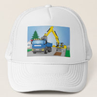 Straßenbaustelle mit blauem LKW und gelben Bagger
